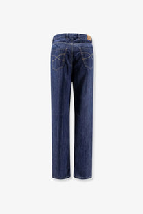Brunello Cucinelli men’s dark blue cotton denim jeans with classic straight-leg cut and back pocket stitching details