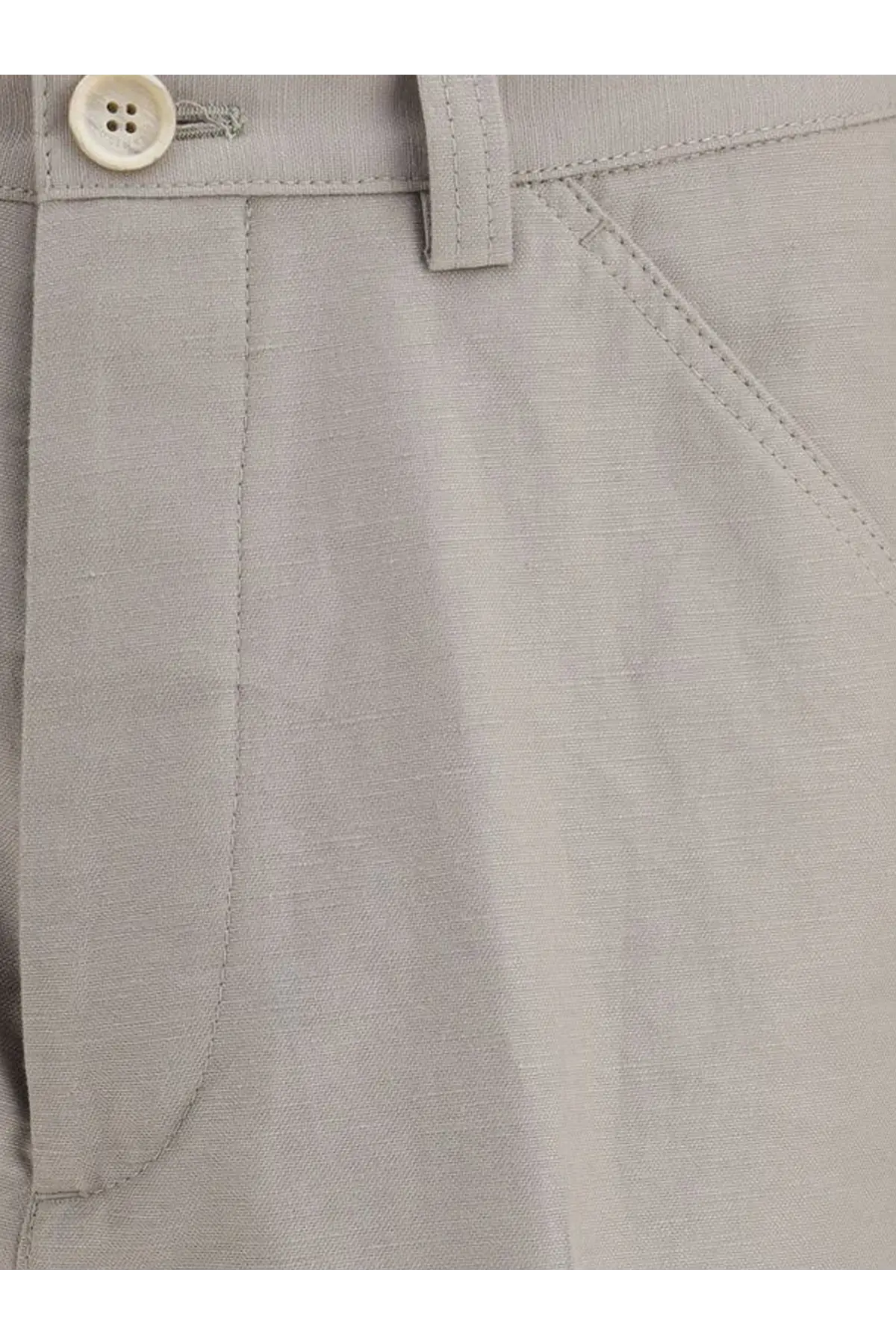 Brunello Cucinelli men’s light gray linen trousers with subtle texture cream button and neat stitching brown cotton blend