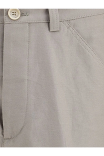 Brunello Cucinelli men’s light gray linen trousers with subtle texture cream button and neat stitching brown cotton blend