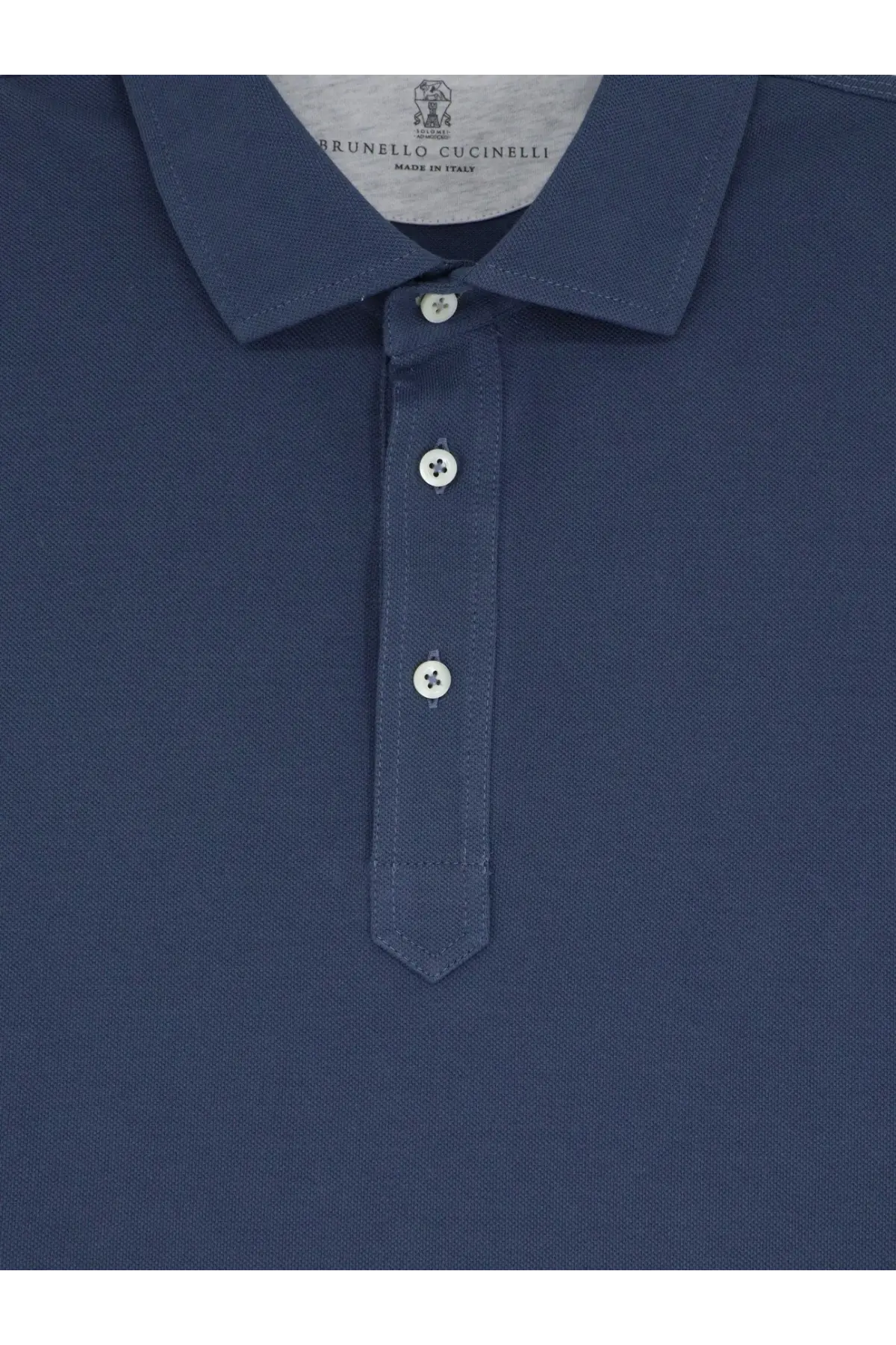 Brunello Cucinelli men’s cotton polo shirt in navy blue with white buttons and a textured weave