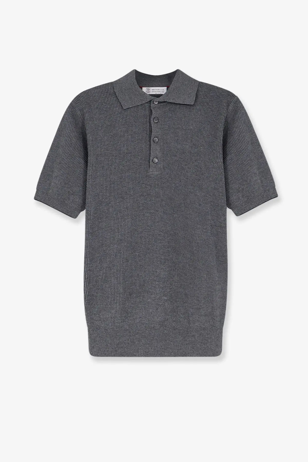 Brunello Cucinelli men’s dark gray ribbed cotton polo shirt with classic collar and three matching buttons