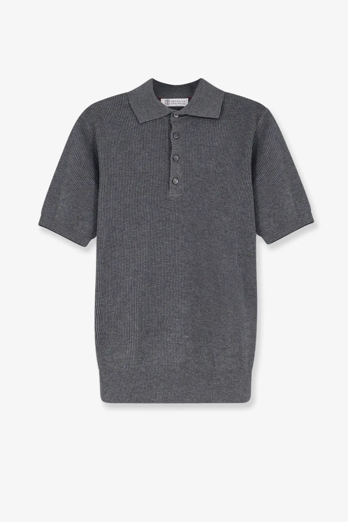 Brunello Cucinelli men’s dark gray ribbed cotton polo shirt with classic collar and three matching buttons