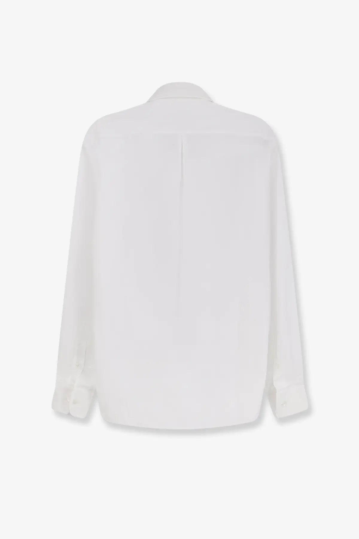 Brunello cucinelli men’s white cotton shirt with classic collar and subtle back seam detailing shown from back side