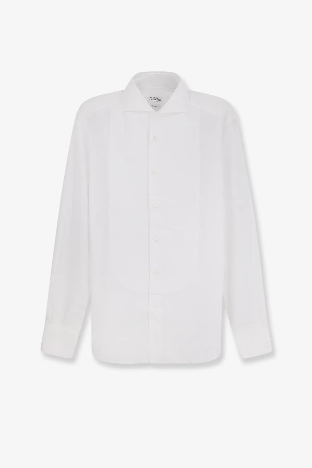 Brunello Cucinelli men’s white cotton shirt with classic collar long sleeves and subtle front pleats