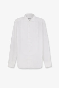 Brunello Cucinelli men’s white cotton shirt with classic collar long sleeves and subtle front pleats