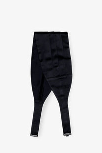 Black satin bow tie with sleek formal design and metallic clasps paired with brunello cucinelli men’s cotton and silk cummerbund notte