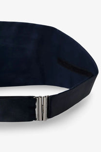 Brunello Cucinelli men’s cotton and silk cummerbund in navy satin with a polished silver-toned buckle