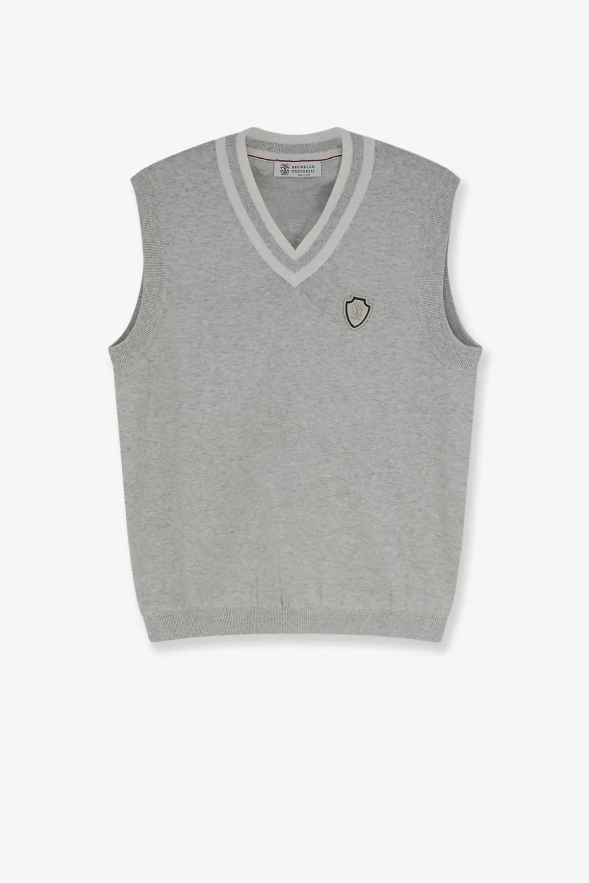 Brunello Cucinelli men’s grey cotton knit vest with white v-neck trim and black shield logo on left chest