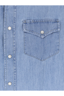 Brunello Cucinelli men’s light blue denim shirt with chest pocket and white buttons in beige product line