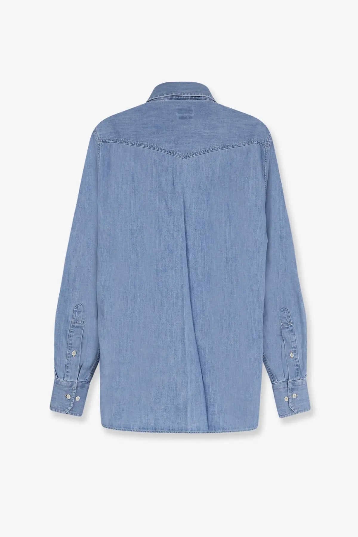 Brunello cucinelli men’s light blue denim shirt with classic collar and buttoned cuffs in beige
