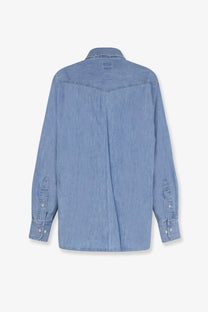 Brunello cucinelli men’s light blue denim shirt with classic collar and buttoned cuffs in beige