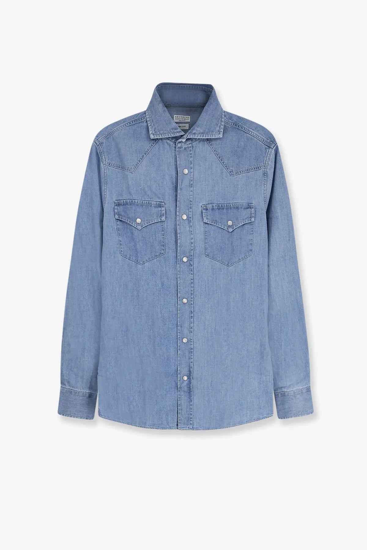 Brunello Cucinelli men’s beige denim shirt with classic collar button-down front and two chest pockets with silver buttons
