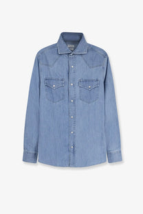 Brunello Cucinelli men’s beige denim shirt with classic collar button-down front and two chest pockets with silver buttons