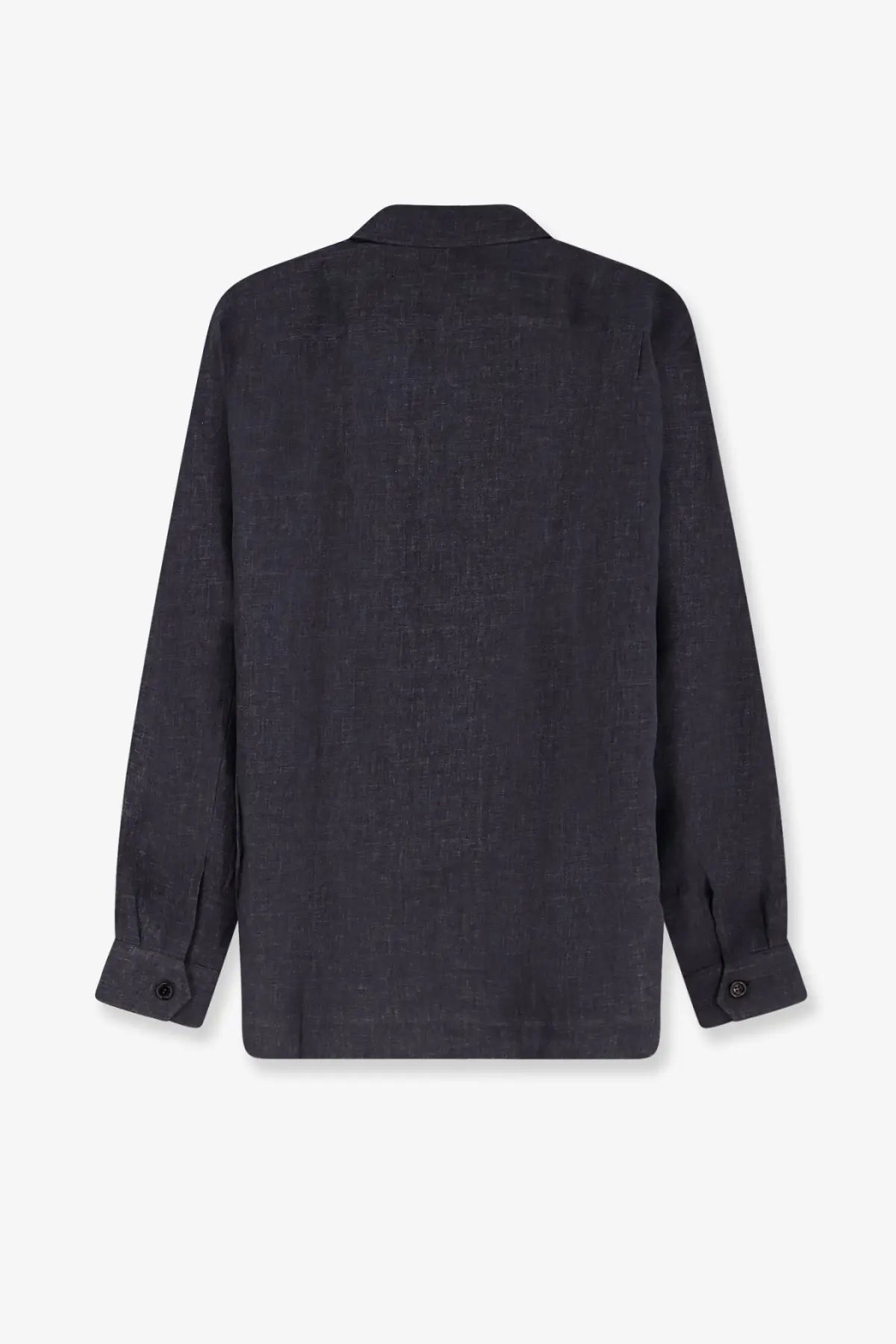 Dark gray brunello cucinelli men’s easy fit linen shirt with subtle textured weave and classic buttoned cuffs