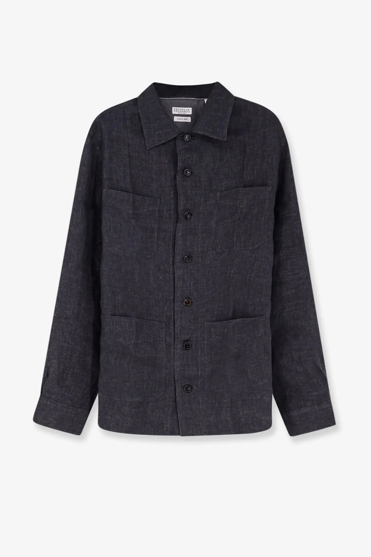 Brunello cucinelli men’s easy fit linen shirt grey shown as a dark gray linen work jacket with black buttons and two pockets
