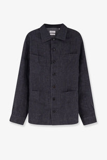 Brunello cucinelli men’s easy fit linen shirt grey shown as a dark gray linen work jacket with black buttons and two pockets