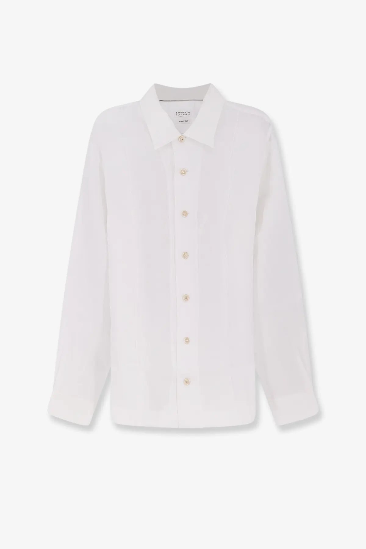 Brunello Cucinelli men’s easy fit linen shirt white with long sleeves classic collar and subtle texture