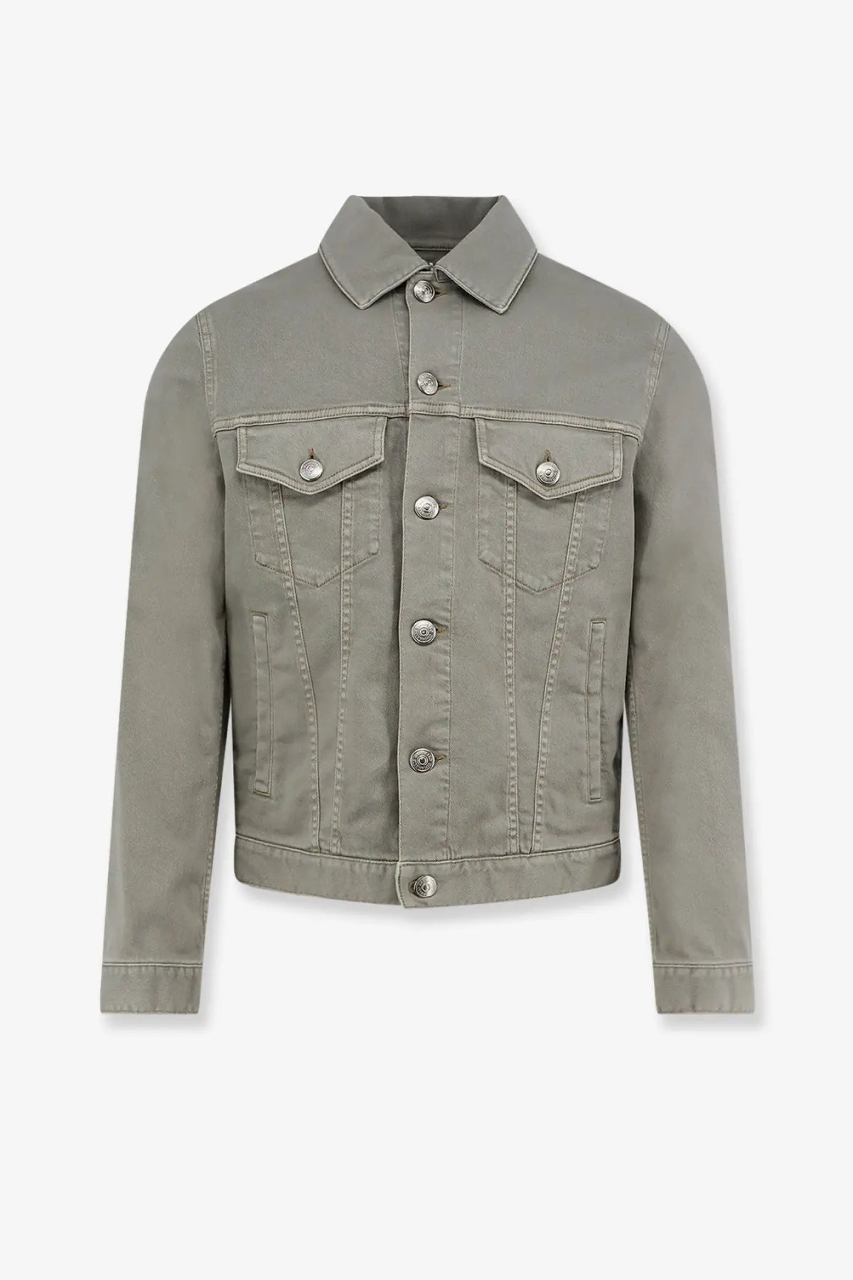 Brunello Cucinelli men’s olive green denim jacket with button-up front and two chest pockets in sleek design