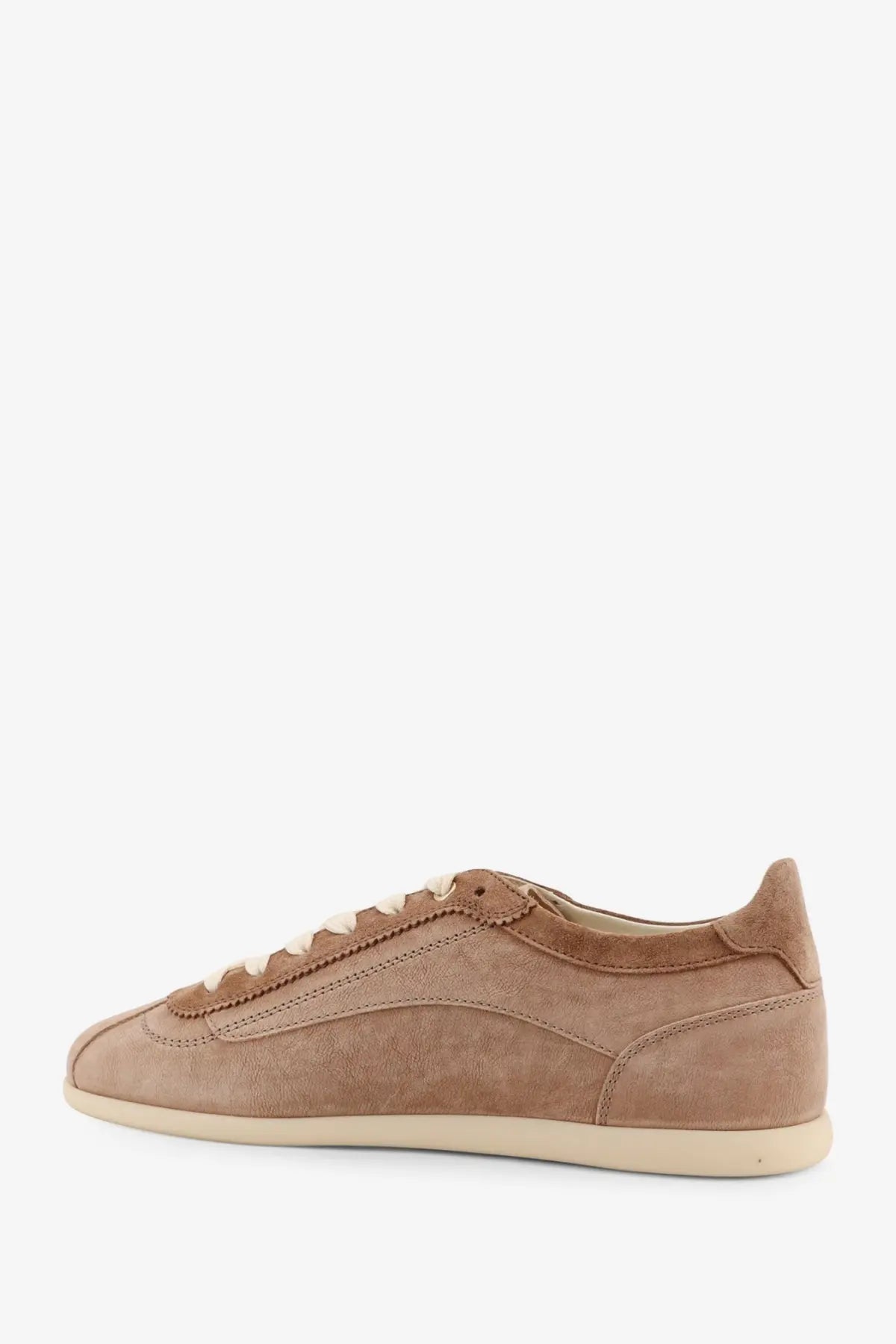 Brunello Cucinelli men’s leather sneakers in beige tan suede with cream laces and matching rubber sole