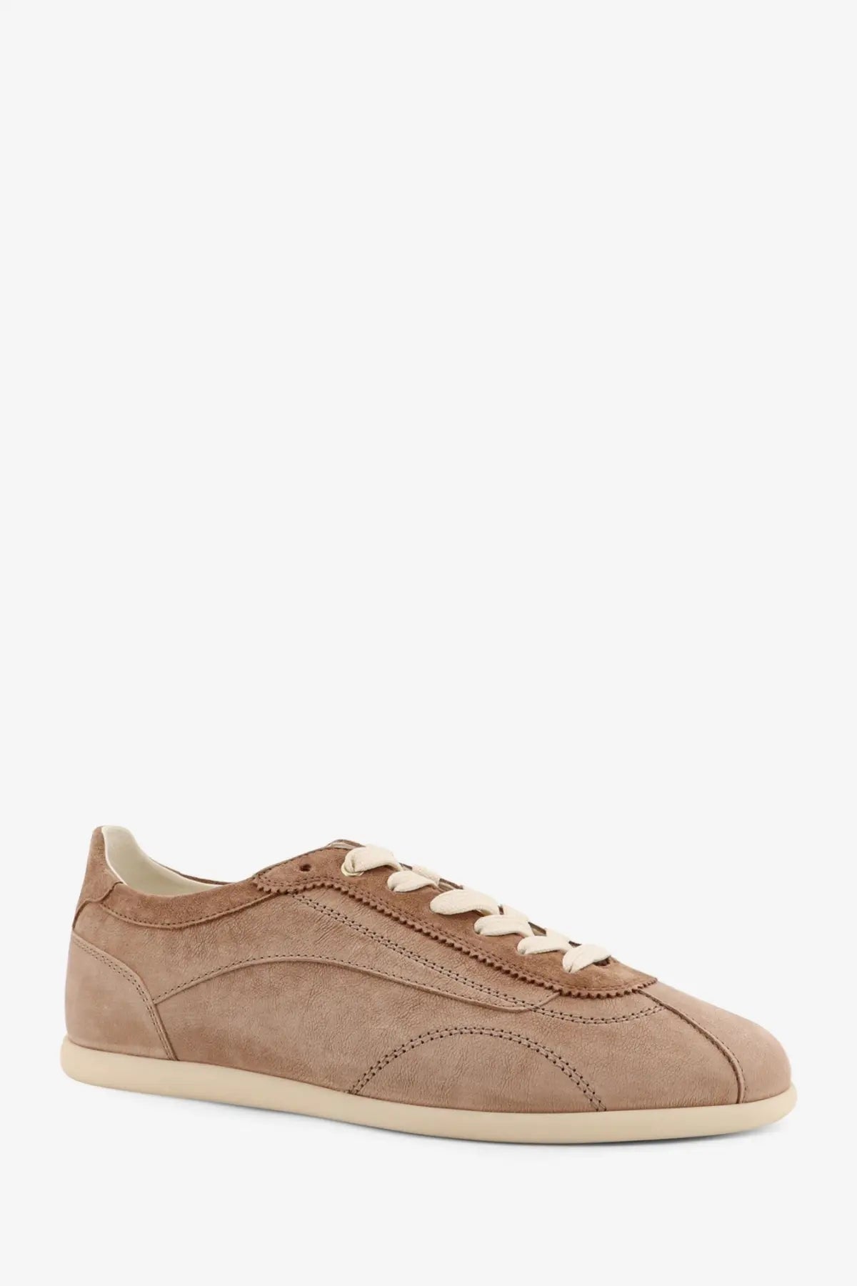 Brunello Cucinelli men’s leather sneakers in beige with tan suede, cream laces, and matching rubber sole