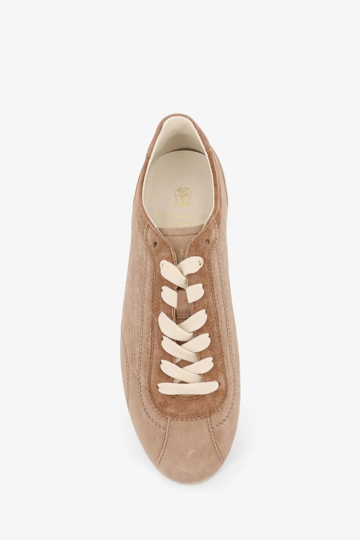 Brunello Cucinelli men’s leather sneaker in tan suede with cream-colored laces and beige accents