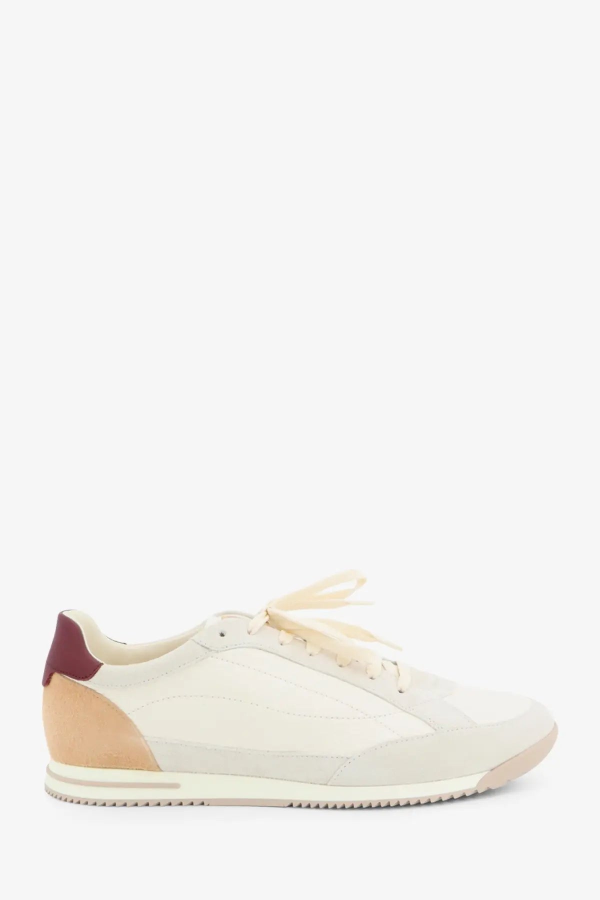 Brunello Cucinelli men’s leather sneakers cream with suede upper burgundy heel tab and tan side panel accents