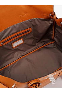 Brunello Cucinelli men’s leather travel bag white with orange leather exterior, brown interior lining, and silver-tone hardware