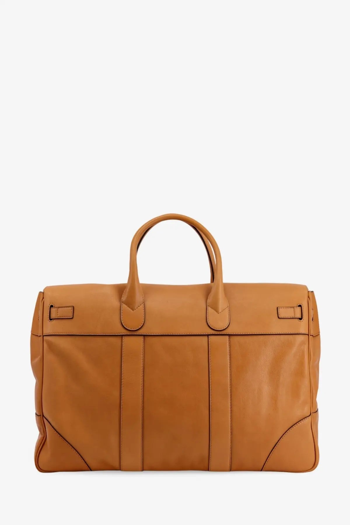 Tan leather Brunello Cucinelli men’s travel bag with top handles and structured vertical stitching
