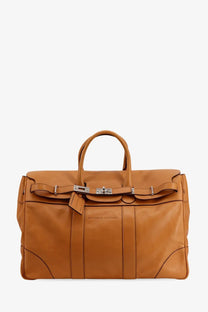 Brunello cucinelli men’s tan leather travel bag with silver hardware and structured minimalist design for travel
