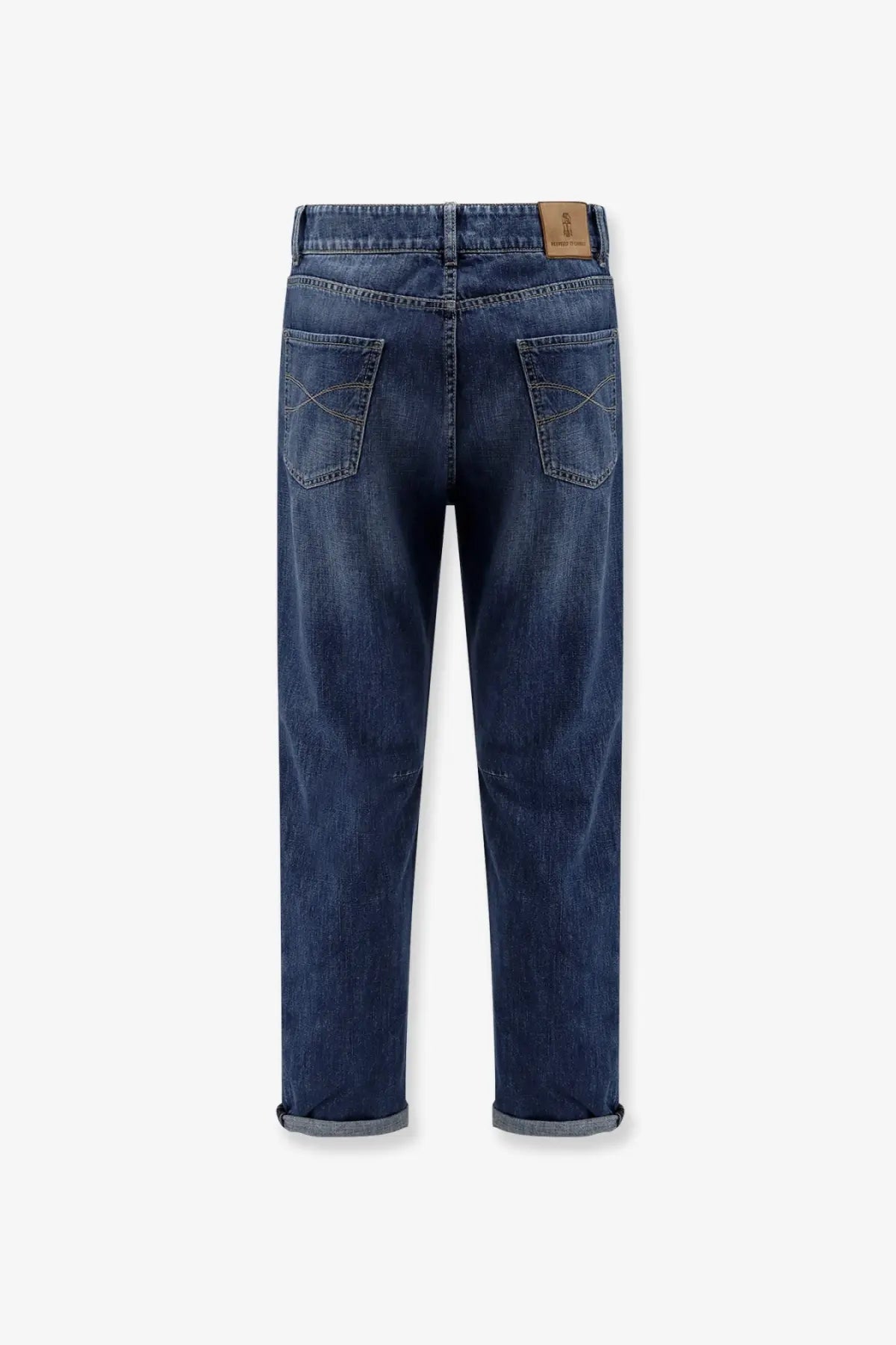 Brunello cucinelli men’s leisure fit cotton jeans in dark blue denim with classic straight-leg cut and rolled cuffs