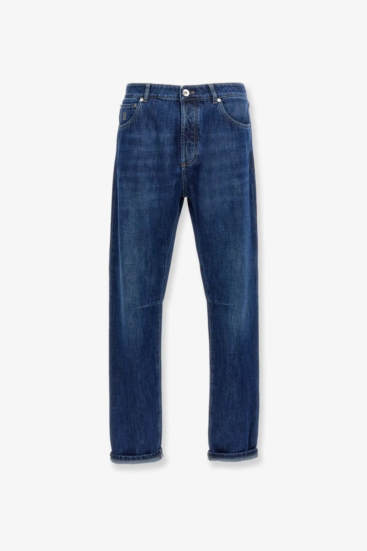 Brunello Cucinelli men’s leisure fit cotton jeans in dark blue denim with straight-leg cut and rolled cuffs