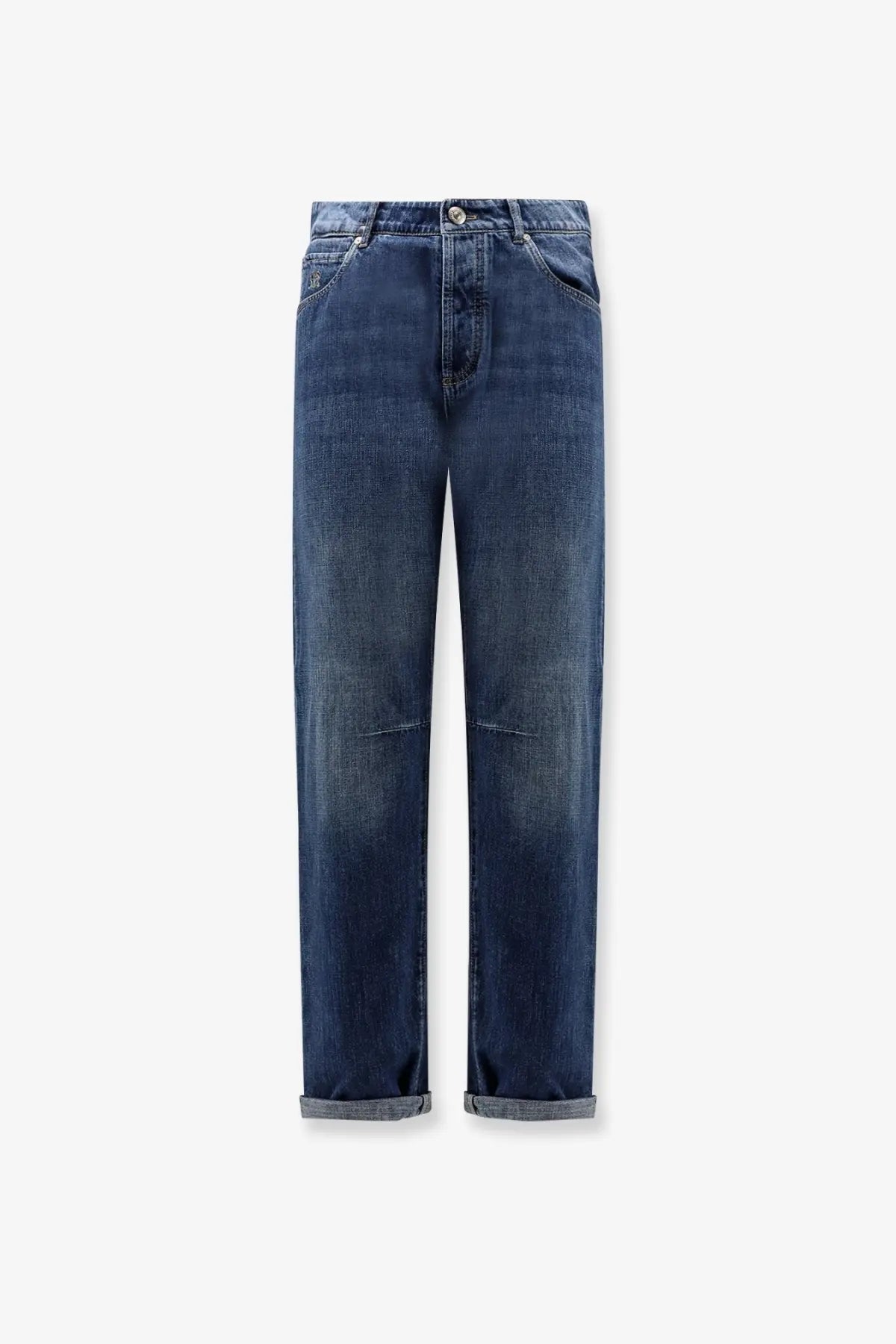 Brunello Cucinelli men’s leisure fit blue cotton jeans with dark wash straight-leg cut and rolled cuffs