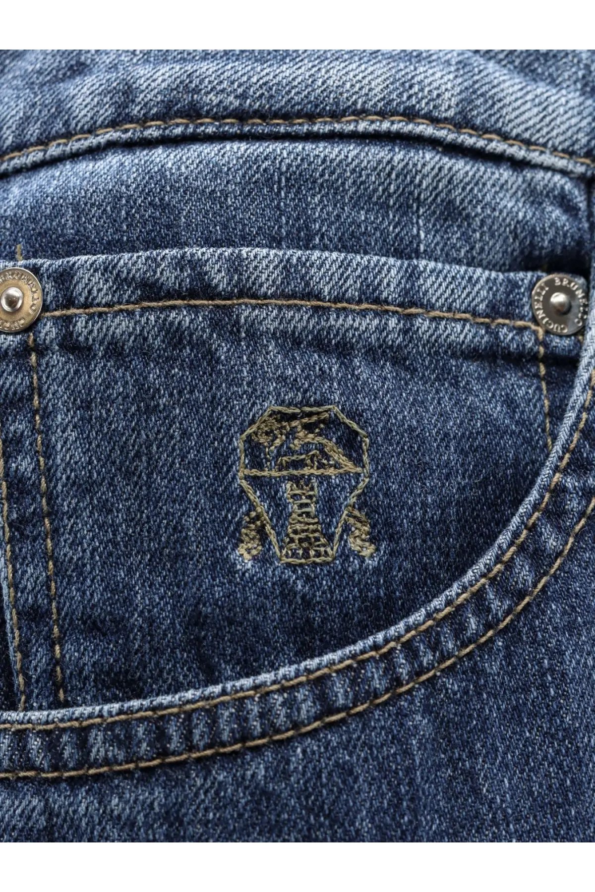 Blue denim cotton jeans pocket with gold-threaded brunello cucinelli logo and silver button fastenings back side