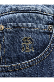 Blue denim cotton jeans pocket with gold-threaded brunello cucinelli logo and silver button fastenings back side