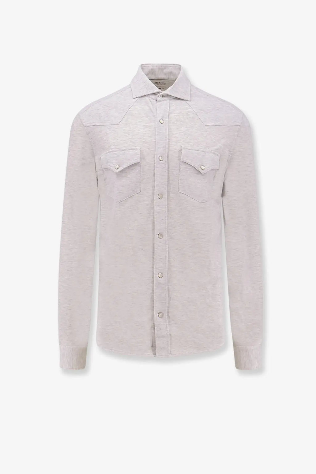 Brunello Cucinelli men’s leisure fit cotton shirt in light gray with textured fabric silver buttons and two chest pockets