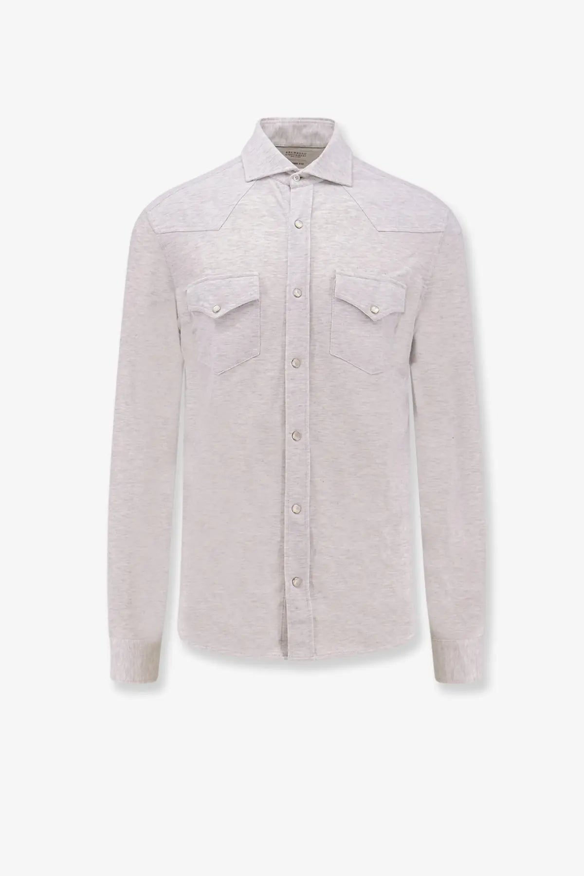 Brunello Cucinelli men’s leisure fit cotton shirt in light gray with textured fabric silver buttons and two chest pockets