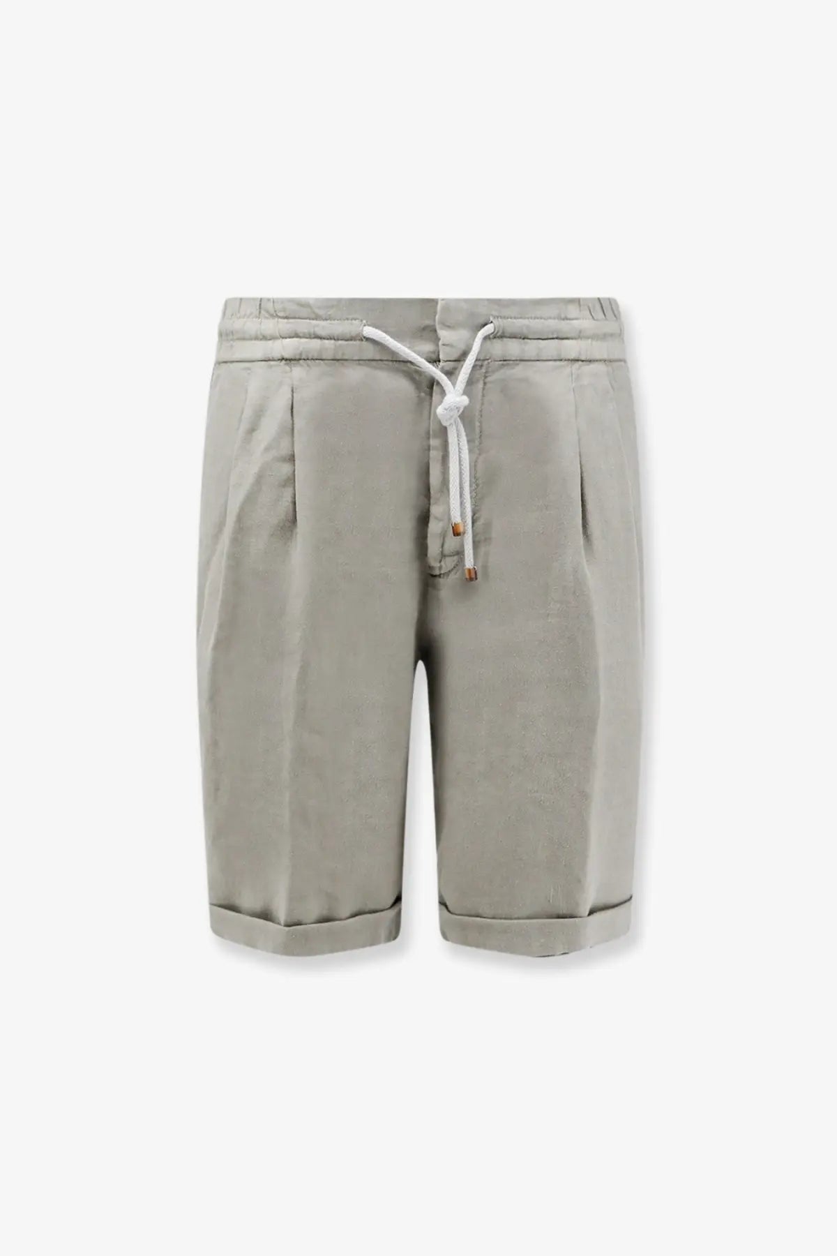 Brunello Cucinelli men’s light gray linen Bermuda shorts with pleats drawstring waist and rolled cuffs