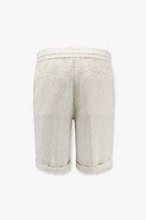 Brunello Cucinelli men’s cream linen bermuda shorts with relaxed fit and rolled cuffs in a casual style