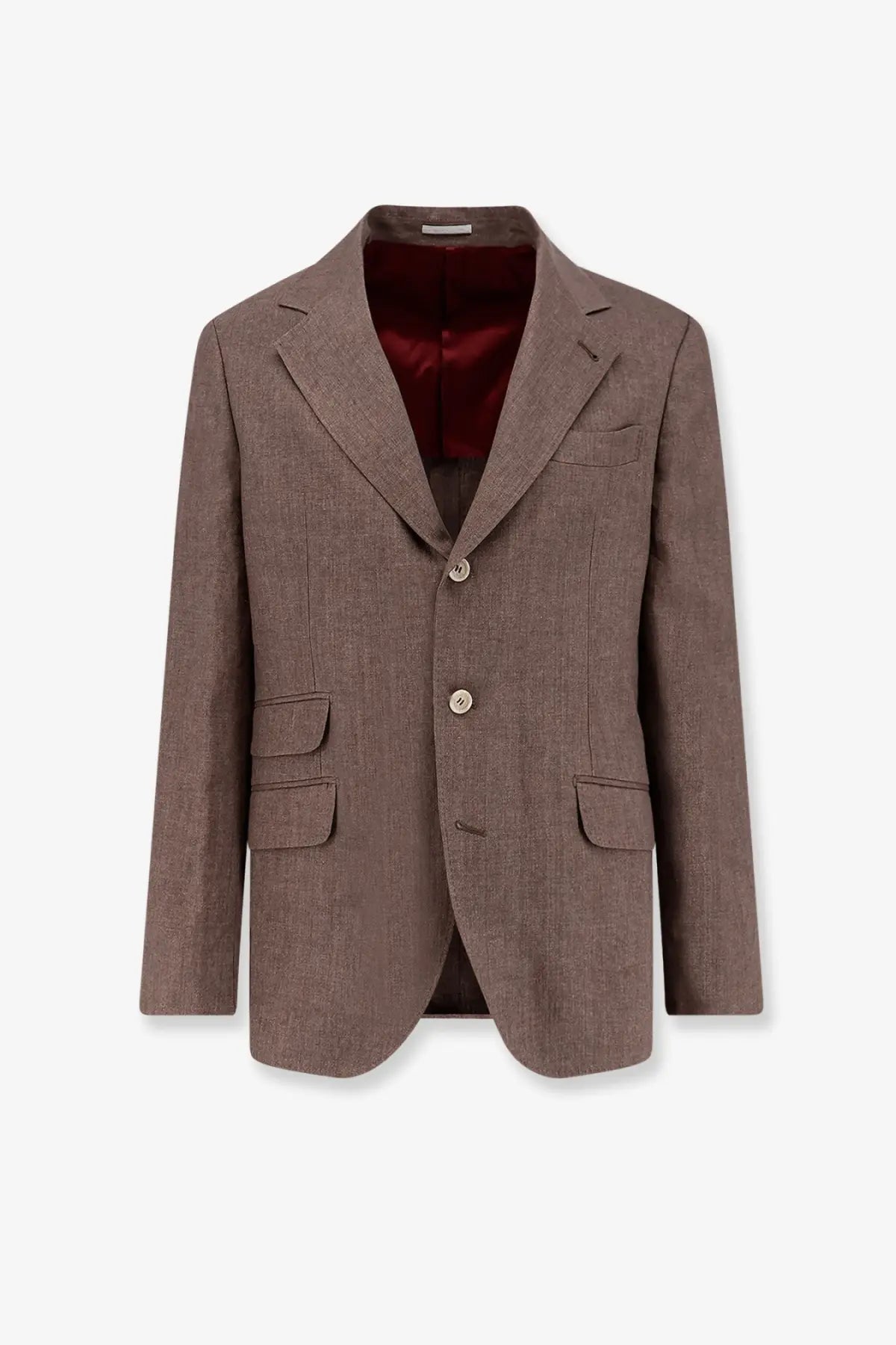 A tailored brown textured wool blazer with burgundy satin lining and notched lapels in Brunello Cucinelli beige linen style