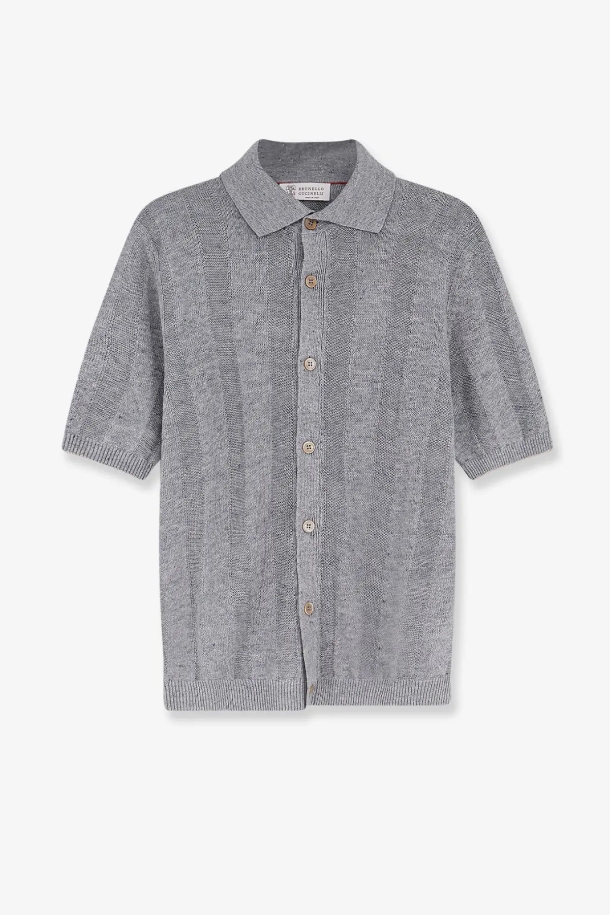 Brunello Cucinelli men’s gray short sleeve polo shirt in linen and cotton blend with button-down front and textured knit