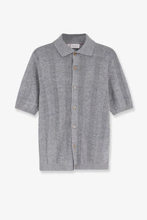 Brunello Cucinelli men’s gray short sleeve polo shirt in linen and cotton blend with button-down front and textured knit