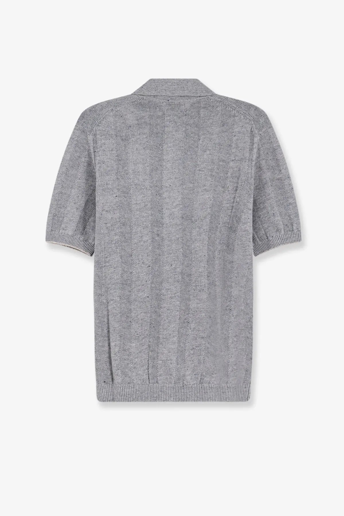 Brunello Cucinelli men’s gray textured knit short-sleeved polo shirt with ribbed cuffs and hem in linen and cotton blend