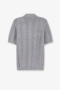 Brunello Cucinelli men’s gray textured knit short-sleeved polo shirt with ribbed cuffs and hem in linen and cotton blend