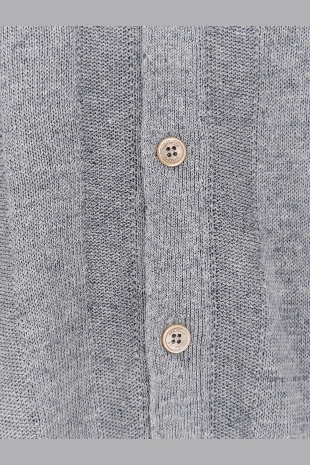 Brunello Cucinelli men’s grey knit cardigan in linen and cotton blend with two gold toned buttons