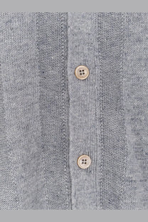Brunello Cucinelli men’s grey knit cardigan in linen and cotton blend with two gold toned buttons