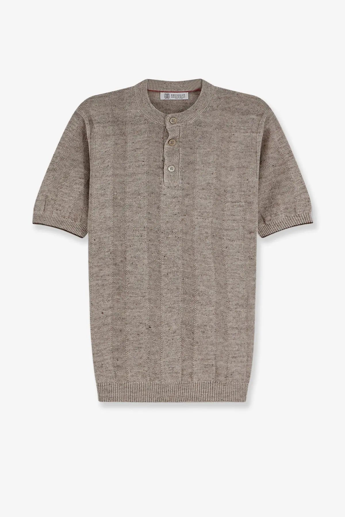 Beige textured knit short-sleeved henley shirt with buttoned placket and ribbed cuffs from brunello cucinelli linen cotton blend collection