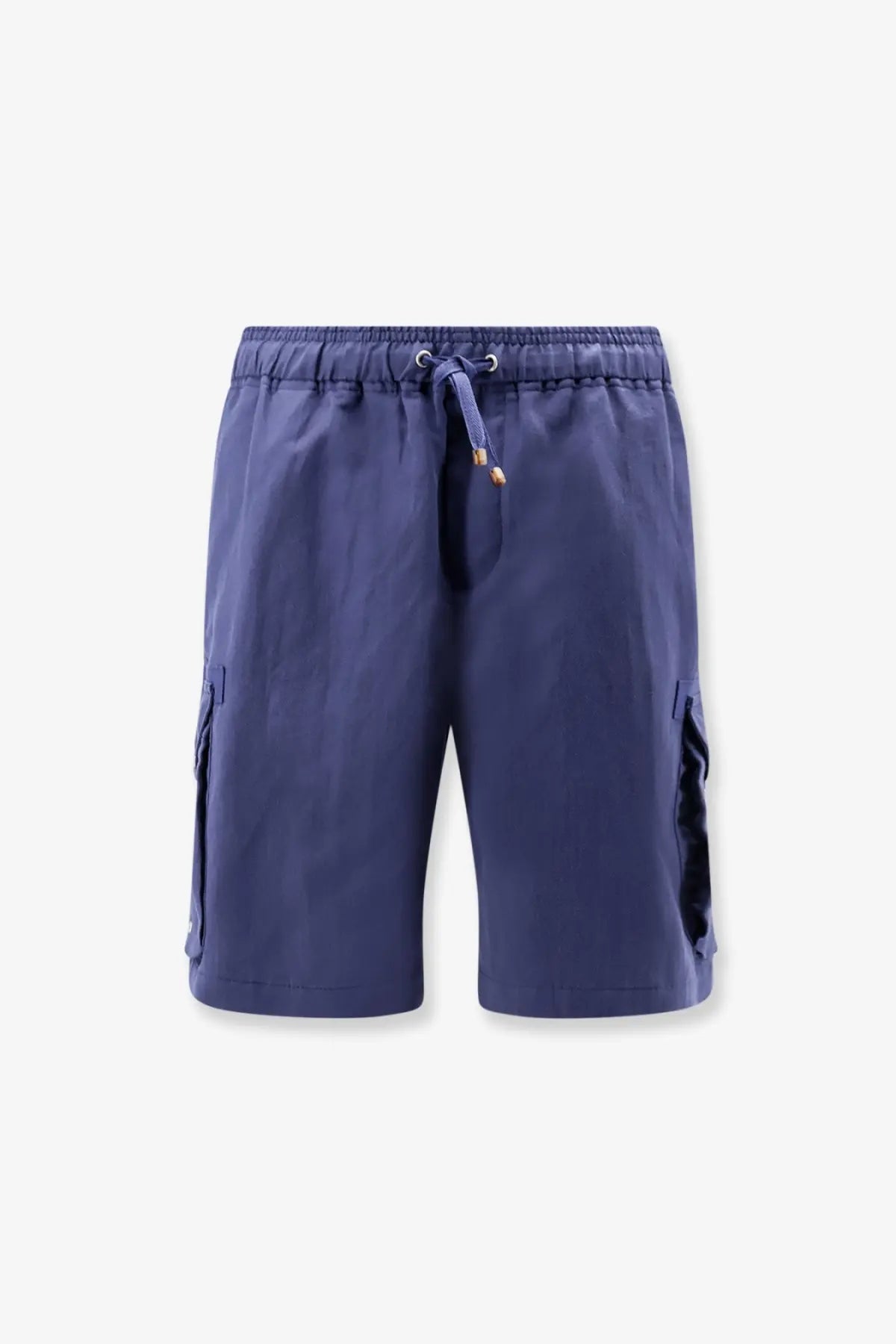 Brunello Cucinelli men’s navy blue linen and cotton cargo shorts with elastic waistband and drawstring tie