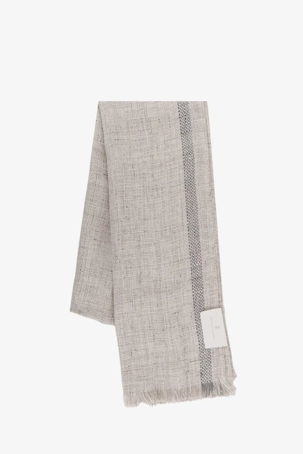 Brunello Cucinelli men’s light gray linen scarf with subtle texture and darker gray vertical stripe with frayed ends