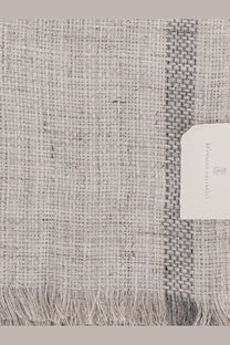 Brunello Cucinelli men’s linen scarf in light gray with textured plaid pattern and fringed edges