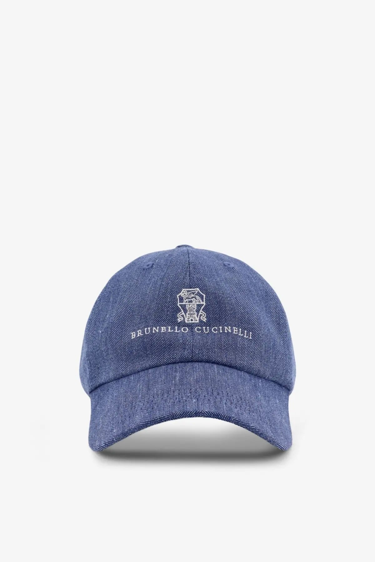 Blue denim baseball cap by Brunello Cucinelli featuring white embroidered logo and brand name in linen and virgin wool blend